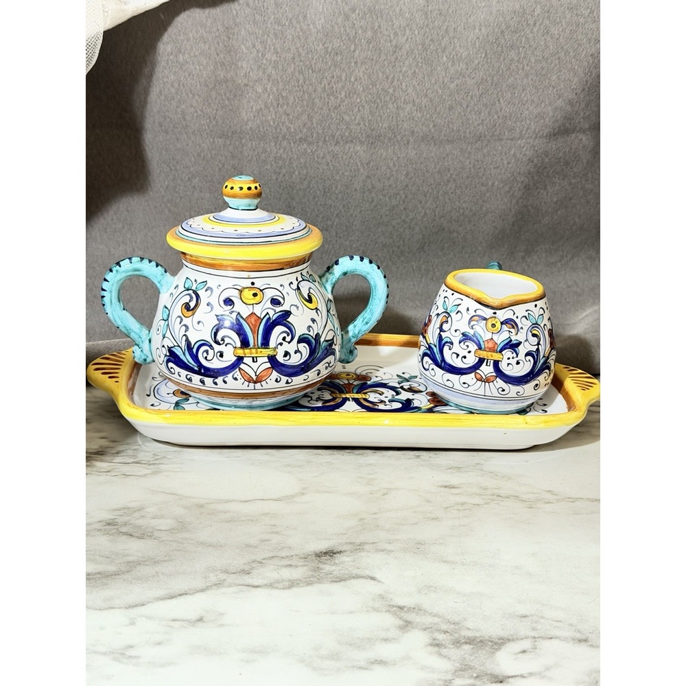 Deruta, Ricco Italian Pottery 4pc Set Signed Tray 11 x 5 (A3201)